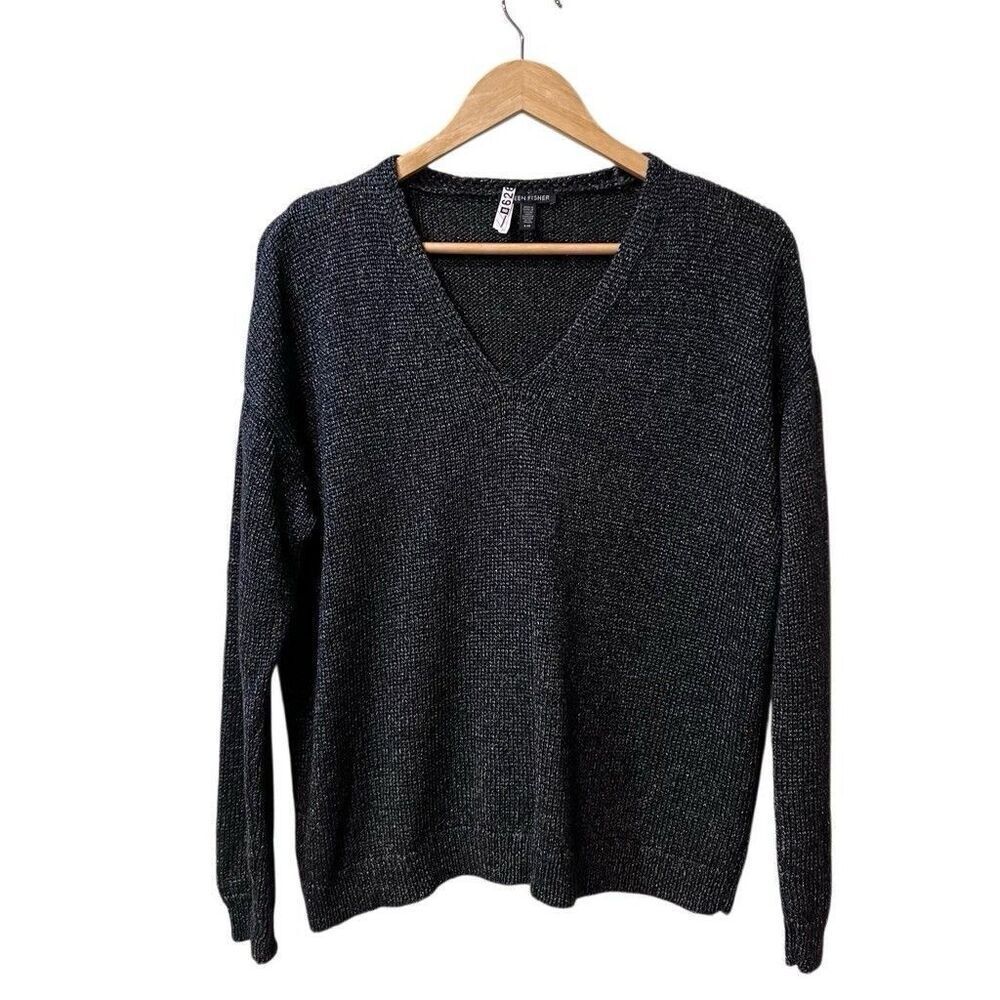 Eileen Fisher Women Large Sweater Gray Silver Metallic V-Neck Organic Linen EUC